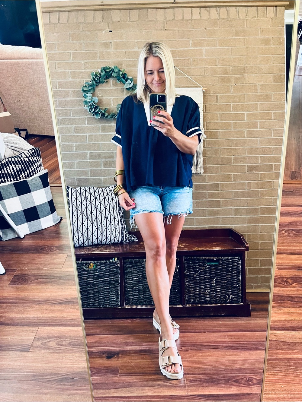 entro Navy and White V-Neck Collared Blouse